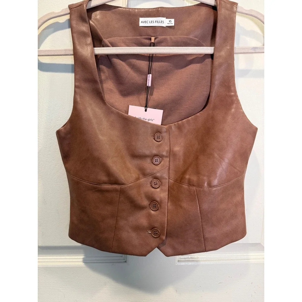 Avec Les Filles Brown Faux Leather Square Neck Button Front Cropped Vest Size XS